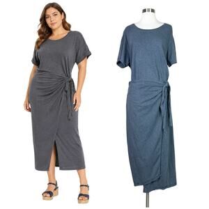 Polo Ralph Lauren | Gray Cotton Jersey Wrap Tie Designer Midi Dress Plus Size XL
